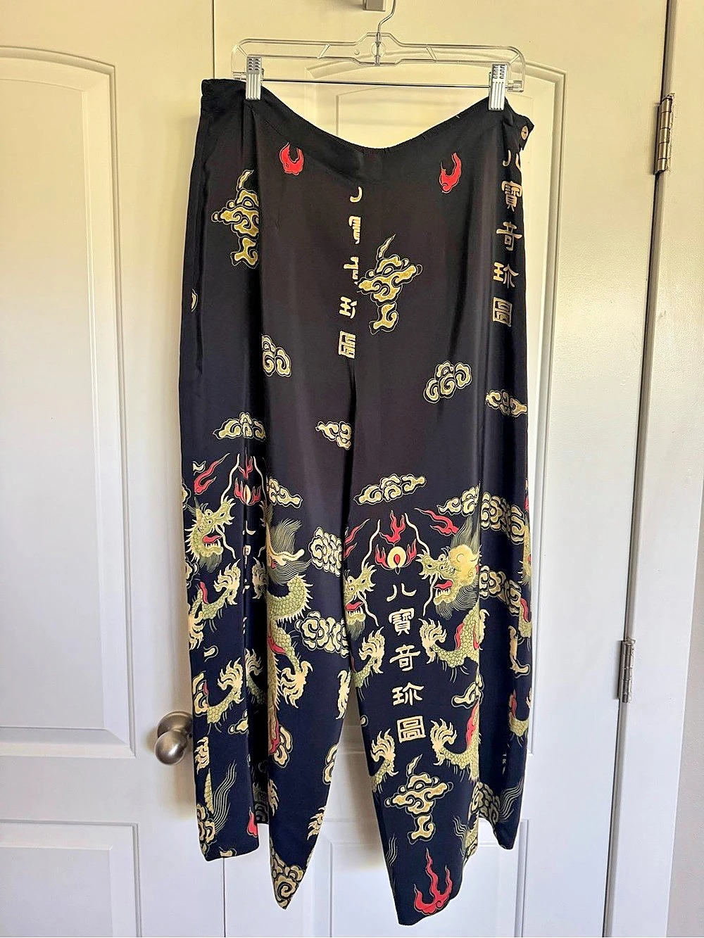 Vintage Citron Santa Monica Black Silk Dragon Print Wide Leg Pants XL